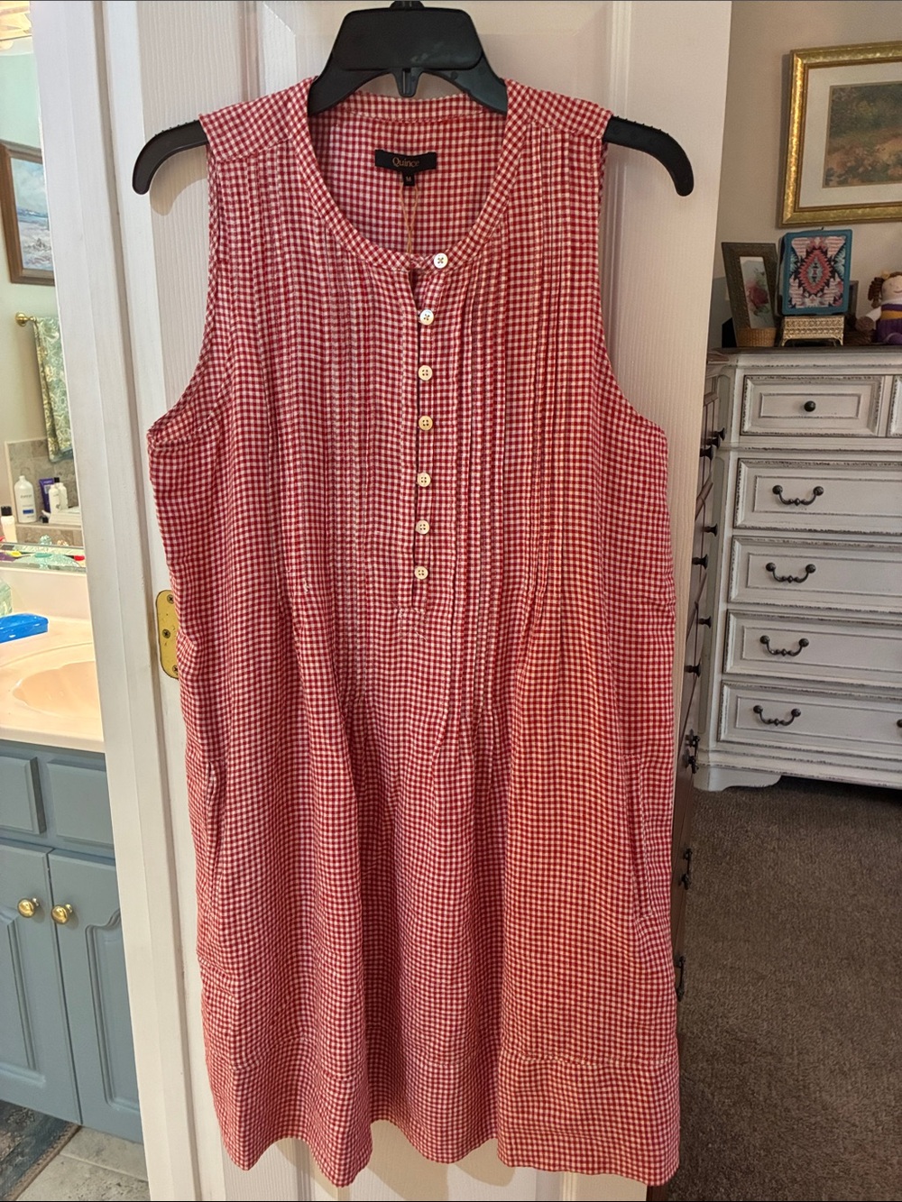 NWT Quince 100 European Linen Red Gingham Sleeveless Swing Dress SZ M - Picture 2 of 7